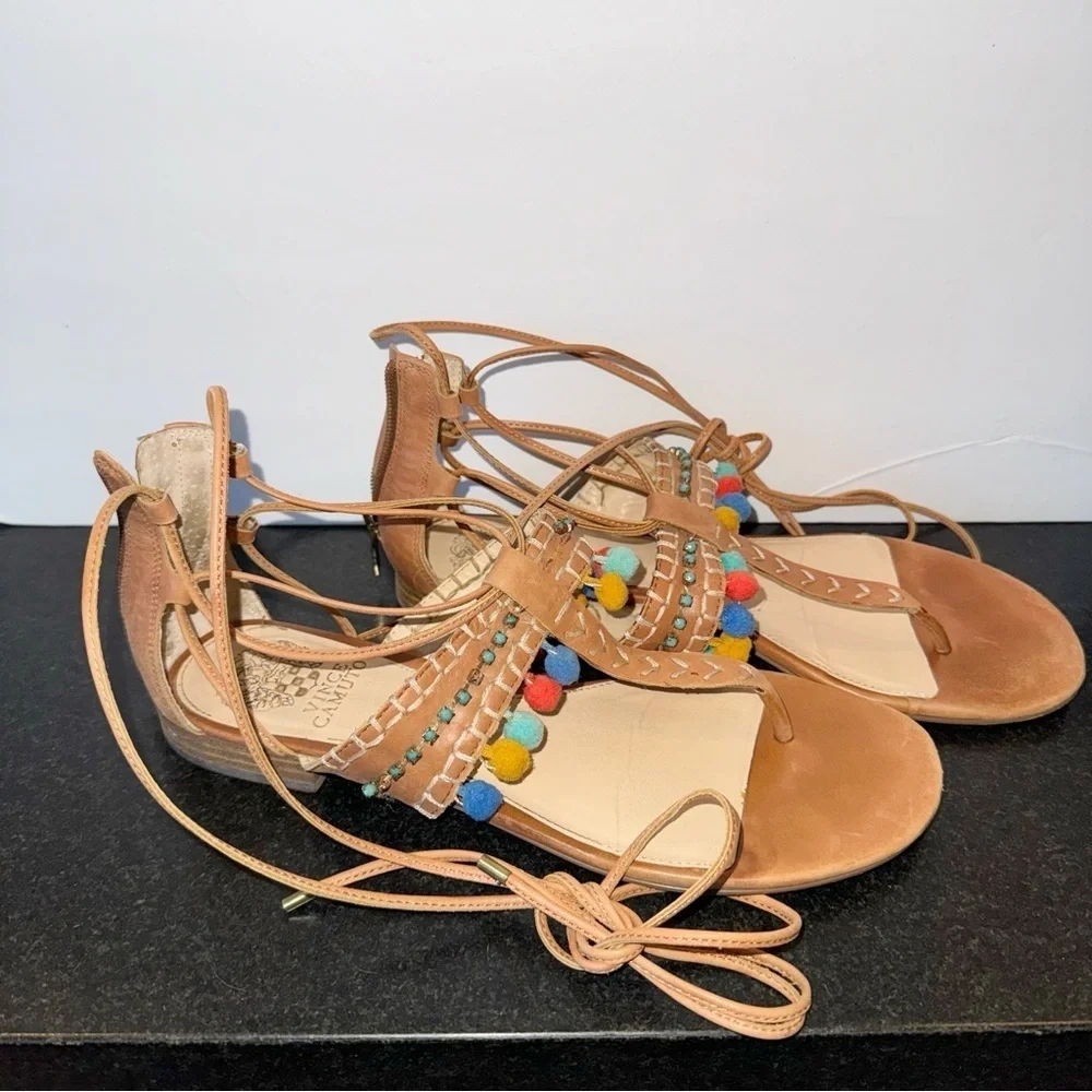Vince Camuto Balisa Pom Pom Lace-Up Sandals Zip Gladiator Sz 9 Flats shoes